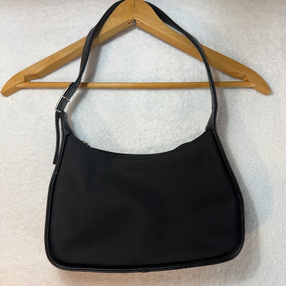 Enzo Angiolini Black Nylon Shoulder Bag Pebbled Leather Trim Baguette Purse - Picture 2 of 13